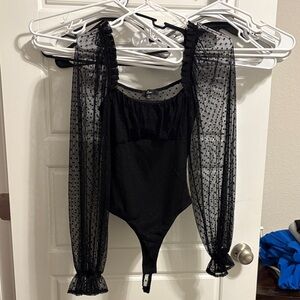Ulu Black Bodysuit with Sheer Polka Dot Sleeves